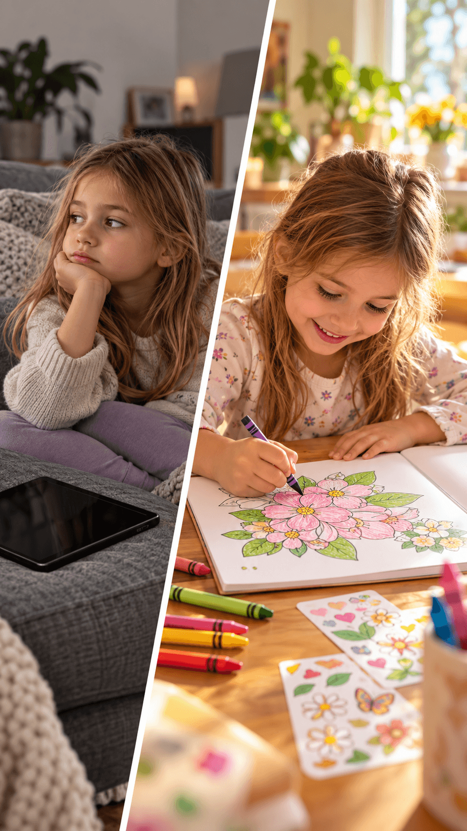 Une enfant passe de l’ennui à une activité de coloriage