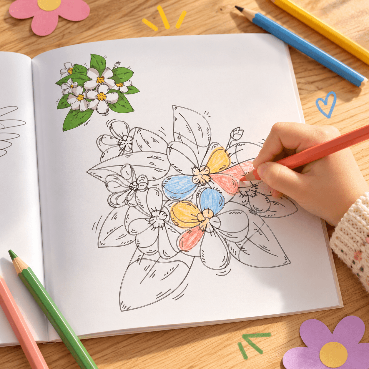 Coloriage de fleurs dans un cahier d’activités