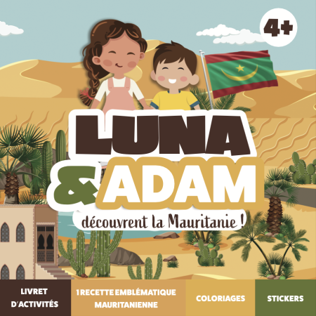 Couverture du cahier d'activités Mauritanie Luna et Adam pour enfants de 4 à 10 ans avec les dunes et le drapeau de la Mauritanie