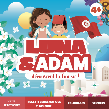 Couverture du cahier d'activités Tunisie Luna et Adam pour enfants de 4 à 10 ans avec jasmin et le drapeau de la Tunisie